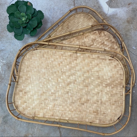 Vintage Other - Vintage Bamboo Trays Rattan Woven Boho Set of 3